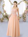 Floor Length Lace Up Quinceanera Court of Honor Dress Peach for Prom and Party and Wedding Party with Lace and Belt