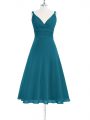 Spectacular Straps Sleeveless Prom Dresses Knee Length Ruching Teal Chiffon