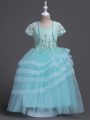 Glittering Floor Length Aqua Blue Flower Girl Dresses for Less Tulle Sleeveless Appliques