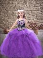 Fantastic Sleeveless Floor Length Embroidery and Ruffles Lace Up Little Girl Pageant Dress with Purple