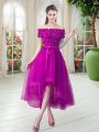 Graceful Fuchsia Prom Dresses Prom and Party with Appliques Off The Shoulder Short Sleeves Lace Up