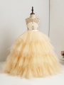 Tulle Scoop Sleeveless Zipper Beading and Ruffles Kids Formal Wear in Gold