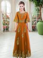 Delicate Floor Length Orange Prom Dress Scalloped Half Sleeves Lace Up