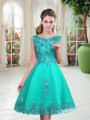 Unique Sleeveless Knee Length Beading and Appliques Lace Up Prom Dress with Turquoise