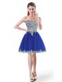 Royal Blue A-line Sweetheart Sleeveless Tulle Mini Length Lace Up Beading and Appliques Prom Dress
