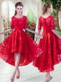 Latest Scoop Half Sleeves Zipper Lace Prom Dresses in Red