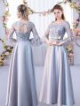 Luxury Silver Satin Lace Up Scoop 3 4 Length Sleeve Floor Length Bridesmaid Dress Lace