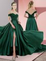 Sumptuous Green A-line Satin Spaghetti Straps Sleeveless Beading Lace Up Prom Gown Sweep Train