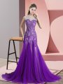 Purple A-line Tulle Scoop Sleeveless Appliques Backless Dress for Prom Sweep Train