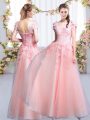 Noble Tulle Cap Sleeves Floor Length Bridesmaid Dress and Beading and Appliques