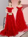 Dynamic Red Sleeveless Sweep Train Beading and Lace Evening Dress