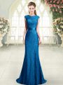 Clearance Blue Cap Sleeves Sweep Train Backless Prom Party Dress for Prom and Party