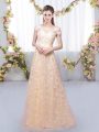 Excellent Cap Sleeves Floor Length Appliques Lace Up Bridesmaid Dress with Peach