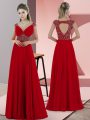 Red Empire Sweetheart Sleeveless Satin Sweep Train Lace Up Beading Prom Dresses