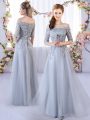 Grey Off The Shoulder Lace Up Appliques Dama Dress Half Sleeves