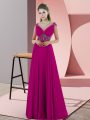 Customized Fuchsia V-neck Backless Beading Prom Evening Gown Sleeveless