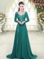 Sophisticated Green Chiffon Backless Sweetheart Long Sleeves Prom Dresses Sweep Train Beading and Lace