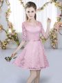 V-neck Half Sleeves Bridesmaid Dresses Mini Length Belt Pink Lace