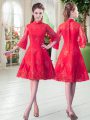 A-line Prom Evening Gown Red High-neck 3 4 Length Sleeve Knee Length Zipper