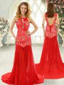 Red Evening Dress Prom and Party with Lace Scoop Sleeveless Brush Train Backless