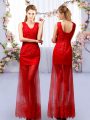Classical Red V-neck Lace Up Lace Dama Dress for Quinceanera Sleeveless