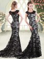 Black Lace Zipper Scoop Sleeveless Prom Party Dress Sweep Train Appliques