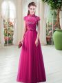 On Sale Hot Pink High-neck Neckline Lace Dress for Prom Short Sleeves Lace Up