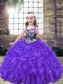 Purple Little Girl Pageant Dress Party and Wedding Party with Embroidery Straps Sleeveless Lace Up