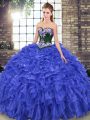 Royal Blue Sleeveless Embroidery and Ruffles Lace Up Sweet 16 Dress