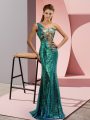 Designer Green Lace Up Prom Gown Beading Sleeveless Sweep Train