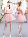 Glorious Mini Length Pink Bridesmaid Dress Scoop Half Sleeves Lace Up