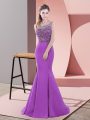 Purple Dress for Prom Satin Sweep Train Sleeveless Beading and Lace
