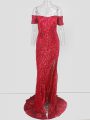 Smart Red Mermaid Off The Shoulder Short Sleeves Sequins Homecoming Dress Sweep Train