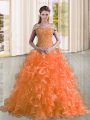 Off The Shoulder Sleeveless 15th Birthday Dress Sweep Train Beading and Lace and Ruffles Orange Organza