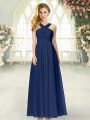 Pretty Navy Blue Empire Chiffon Straps Sleeveless Ruching Floor Length Zipper Prom Evening Gown