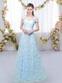 Sweet Blue Cap Sleeves Appliques Floor Length Quinceanera Court of Honor Dress