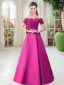 Fashionable Fuchsia Short Sleeves Belt Floor Length Prom Party Dress