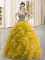Elegant Gold Lace Up Sweetheart Beading and Ruffles 15 Quinceanera Dress Organza Sleeveless