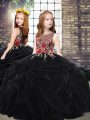 Black Scoop Zipper Embroidery and Ruffles Little Girl Pageant Gowns Sweep Train Sleeveless
