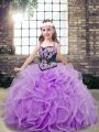 Tulle Straps Sleeveless Lace Up Embroidery and Ruffles Little Girls Pageant Gowns in Lavender