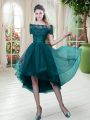 Peacock Green A-line Lace Evening Dress Lace Up Tulle Short Sleeves High Low
