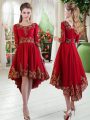 Dramatic High Low Wine Red Prom Party Dress Satin Long Sleeves Embroidery