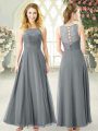 Grey Chiffon Clasp Handle Dress for Prom Sleeveless Ankle Length Lace