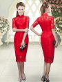 Fitting Red Column/Sheath Beading and Lace Prom Gown Zipper Half Sleeves Tea Length