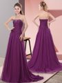 Sweep Train A-line Prom Gown Purple Strapless Chiffon Sleeveless Zipper