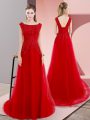 Red Empire Beading and Appliques Lace Up Tulle Sleeveless