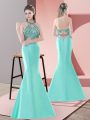 Luxury Backless Prom Dresses Blue and Apple Green for Prom and Party and Military Ball with Beading Sweep Train