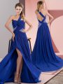 Fitting Royal Blue Column/Sheath Chiffon One Shoulder Sleeveless Beading and Ruching Backless Prom Dresses Sweep Train