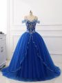Royal Blue Sleeveless Brush Train Beading 15th Birthday Dress