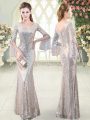 Most Popular V-neck Long Sleeves Prom Dresses Floor Length Ruching Silver Sequined